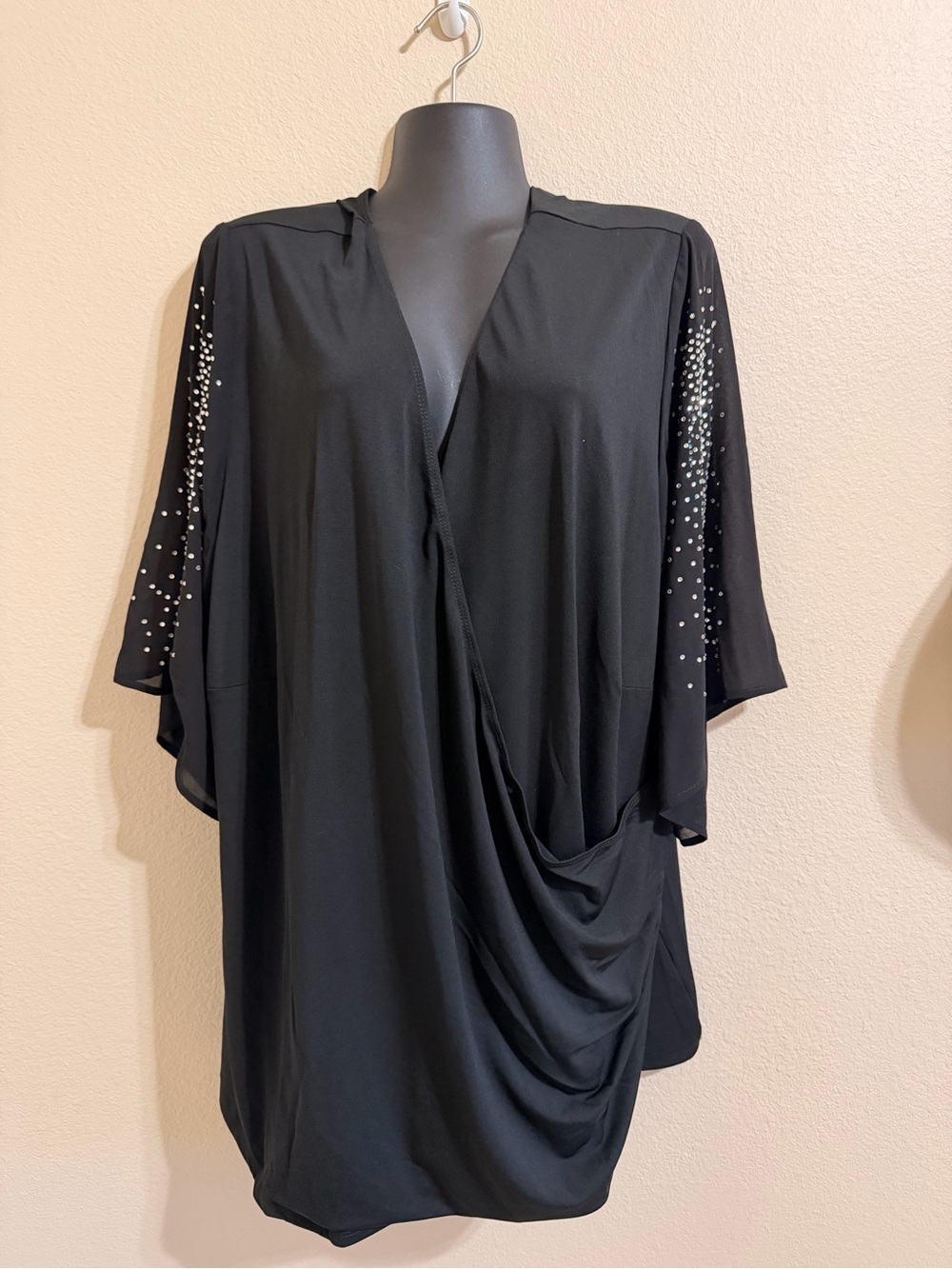 Avenue Black Draped V-Neck Blouse with Beaded Sleeves